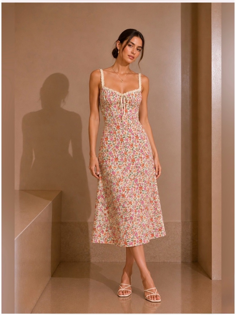 Commense NWT Floral Print Lace Trim Cami Midi Dress - Picture 3 of 15